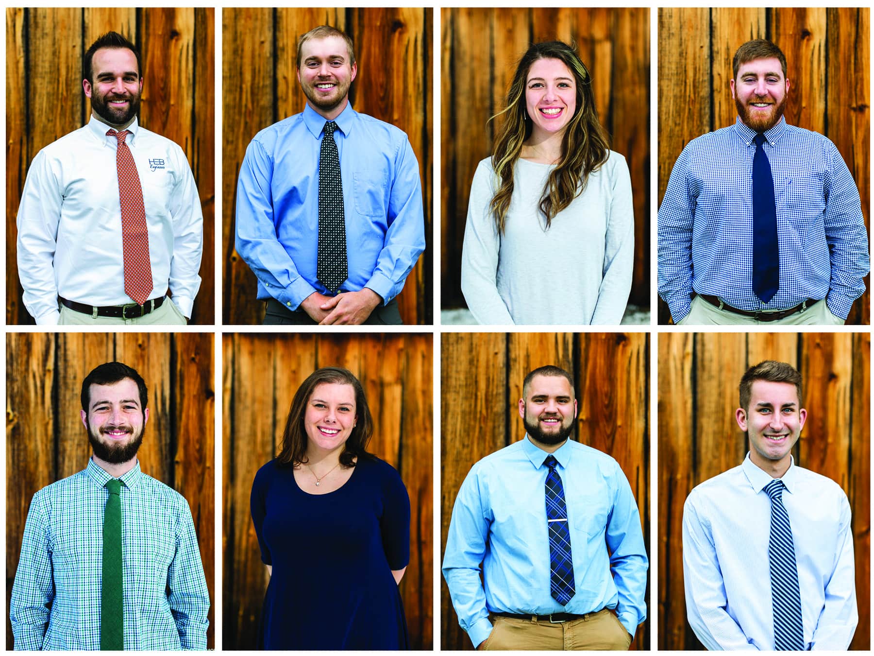 TOP ROW, from left:  Sean Perley, Dave Ingram, Amelya Saras, and Adam Shane. 
BOTTOM ROW, from left: Tucker Gordon, Meghan Moody, Eric Schroeder, and Dakota DelSignore.